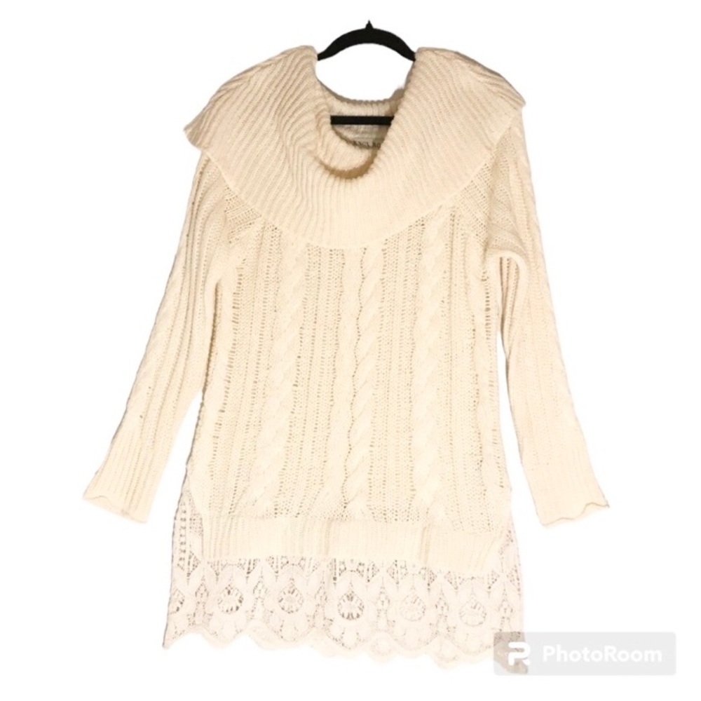 Knox Rose Light Cream Off-White Off the Shoulders Boho Knit Lace Tunic Sweater